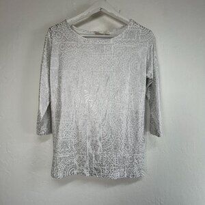 Chico's Womens White Silver Textured 3/4 Sleeve Top Size 1 Stretch 3/4 Sleeve
